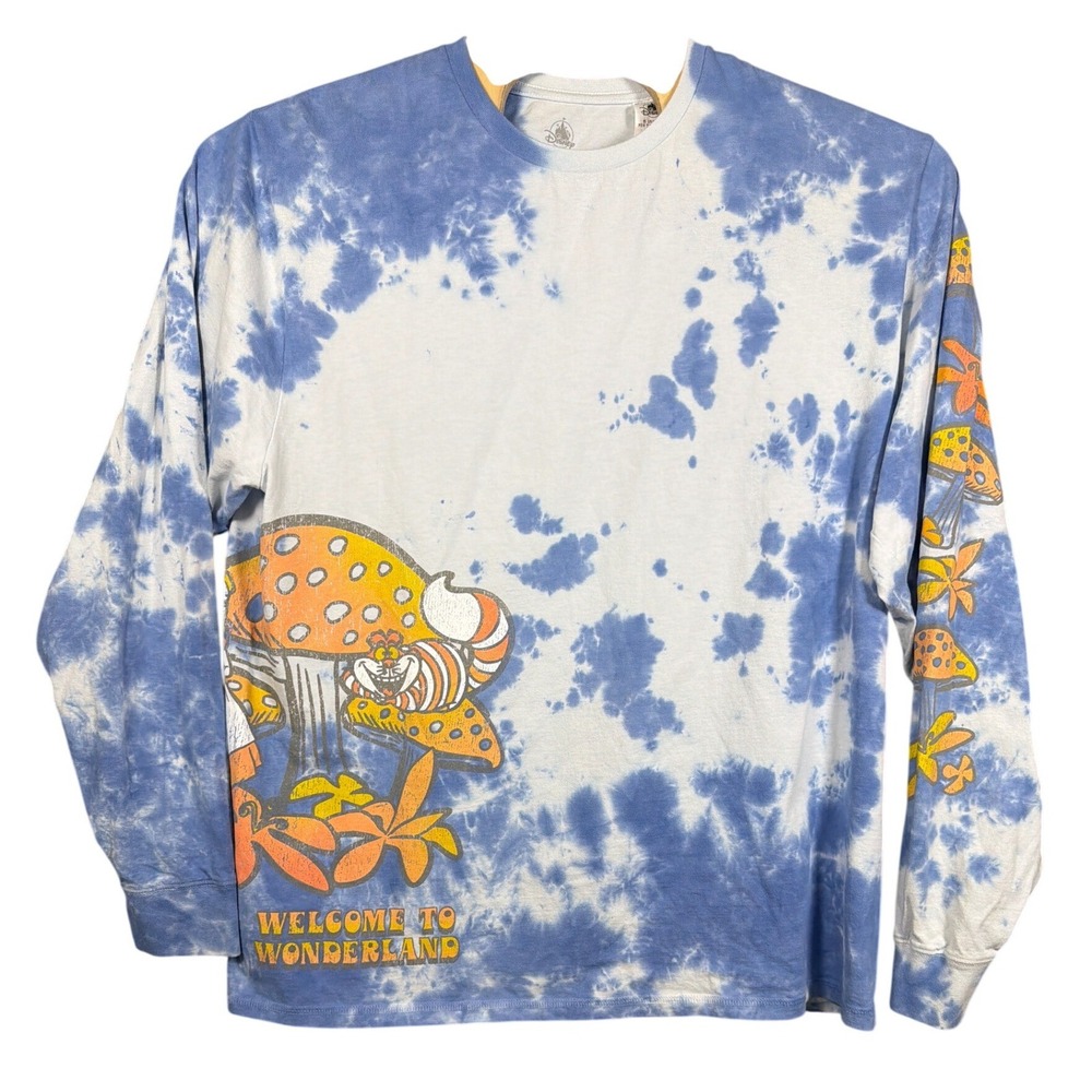 Disney Long Sleeve T-Shirt Mens Large Alice in Wonderland Tie-Dye Blue Graphic